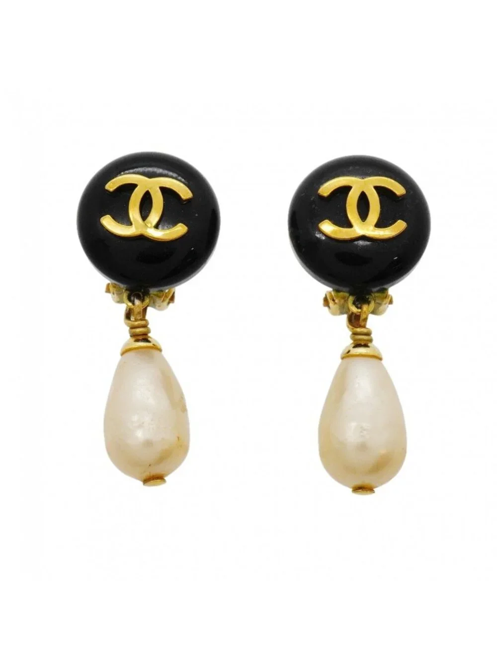 Chanel Earrings Vintage CC Logo Gold Plated Faux Pearl Blackcles